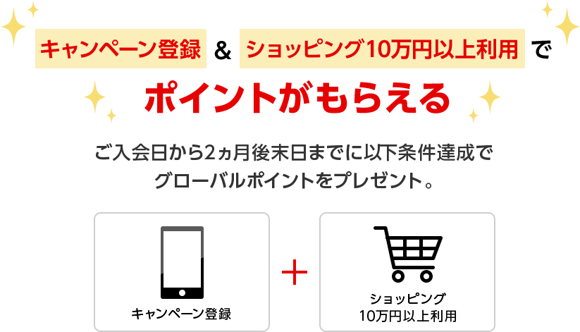 キャンペーン登録&ショッピング10万円以上利用でポイントがもらえる ご入会日から2ヵ月後末日までに以下条件達成でグローバルポイントをプレゼント。 キャンペーン登録+ショッピング10万円以上利用