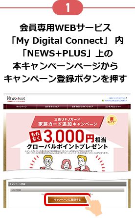 1 会員専用WEBサービス「My Digital Connect」内「NEWS+PLUS」上の本キャンペーンページからキャンペーン登録ボタンを押す