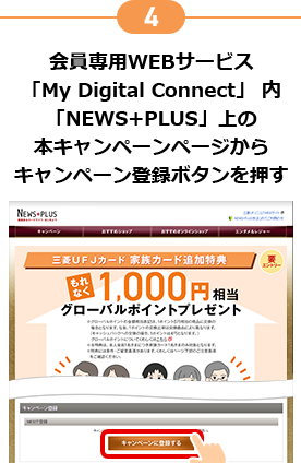4 会員専用WEBサービス「My Digital Connect」内「NEWS+PLUS」上の本キャンペーンページからキャンペーン登録ボタンを押す
