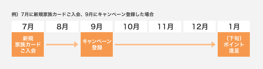 例）7月に新規家族カードご入会、9月にキャンペーン登録した場合 7月新規家族カードご入会 8月 9月キャンペーン登録 10月 11月 12月 1月（下旬）ポイント進呈