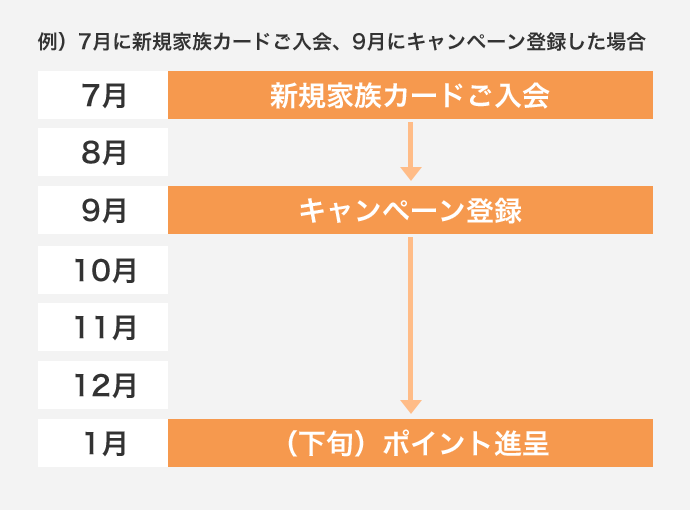 例）7月に新規家族カードご入会、9月にキャンペーン登録した場合 7月新規家族カードご入会 8月 9月キャンペーン登録 10月 11月 12月 1月（下旬）ポイント進呈