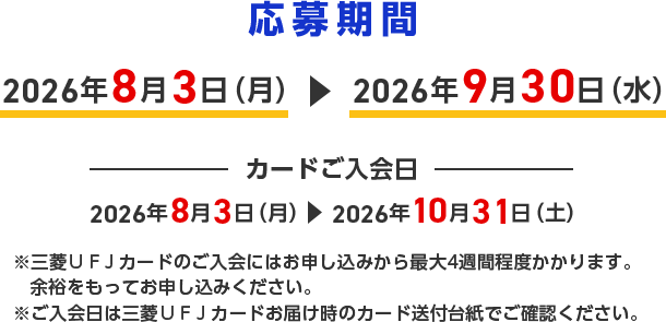 応募期間 2026年8月3日（月）&rarr;2026年9月30日（水）カードご入会日 2026年8月3日（月） &rarr; 2026年10月31日（土） ※三菱ＵＦＪカードのご入会にはお申し込みから最大4週間程度かかります。 余裕をもってお申し込みください。※ご入会日は三菱ＵＦＪカードお届け時のカード送付台紙でご確認ください。