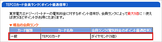 TEPCOカード会員ランク（ポイント優遇倍率） 東京電力エナジーパートナーの電気料金に対するポイント倍率が、会員ランクによって最大5倍に！使えば使うほどポイントがお得にたまります。 現在の会員ランク カード種類 カード名称 会員ランク（電気料金のポイント優遇倍率） 一般 TEPCOカード ダイヤモンド（5倍）