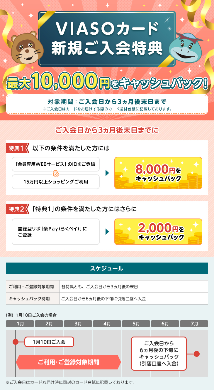 VIASOカード 新規ご入会特典 最大10,000円をキャッシュバック！ 対象期間：ご入会日から3ヵ月後末日まで ※ご入会日はカードをお届けする際のカード送付台紙に記載しております。 ご入会日から3ヵ月後末日までに 特典1 以下の条件を満たした方には 「会員専用WEBサービス」のIDをご登録 & 15万円以上ショッピングご利用 → 8,000円をキャッシュバック 特典2 「特典1」の条件を満たした方にはさらに 登録型リボ「楽Ｐａｙ（らくペイ）」にご登録 → 2,000円をキャッシュバック スケジュール ご利用・ご登録対象期間 各特典とも、ご入会日から3ヵ月後の末日 キャッシュバック時期 ご入会日から6ヵ月後の下旬に引落口座へ入金 （例）1月10日ご入会の場合 1月 2月 3月 4月 5月 6月 7月 1月10日ご入会 ご利用・ご登録対象期間 ご入会日から6ヵ月後の下旬にキャッシュバック（引落口座へ入金） ※ご入会日はカードお届け時に同封のカード台紙に記載しております。