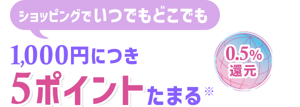 ショッピングでいつでもどこでも 1,000円につき5ポイントたまる※ 0.5％還元