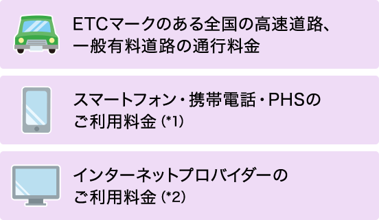ETCマークのある全国の高速道路、一般有料道路の通行料金 スマートフォン・携帯電話・PHSのご利用料金（*1） インターネットプロバイダーのご利用料金（*2）