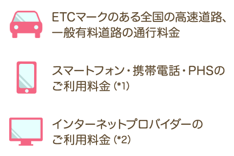 ETCマークのある全国の高速道路、一般有料道路の通行料金 スマートフォン・携帯電話・PHSのご利用料金（*1） インターネットプロバイダーのご利用料金（*2）