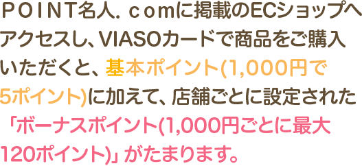 ＰＯＩＮＴ名人．ｃｏｍに掲載のECショップへアクセスし、VIASOカードで商品をご購入いただくと、基本ポイント(1,000円で5ポイント)に加えて、店舗ごとに設定された「ボーナスポイント(1,000円ごとに最大120ポイント)」がたまります。