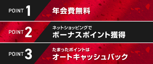 POINT1 年会費無料 POINT2 ネットショッピングでボーナスポイント獲得 POINT3 たまったポイントはオートキャッシュバック