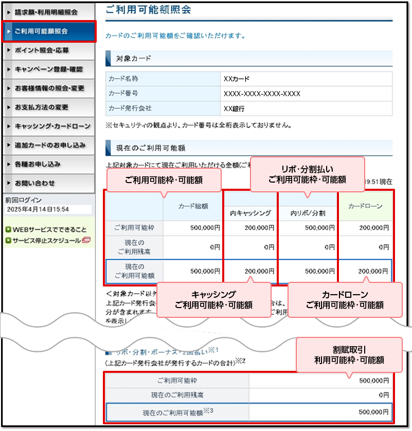 ご利用可能枠・可能額 リボ・分割払いご利用可能枠・可能額 キャッシングご利用可能枠・可能額 カードローンご利用可能枠・可能額