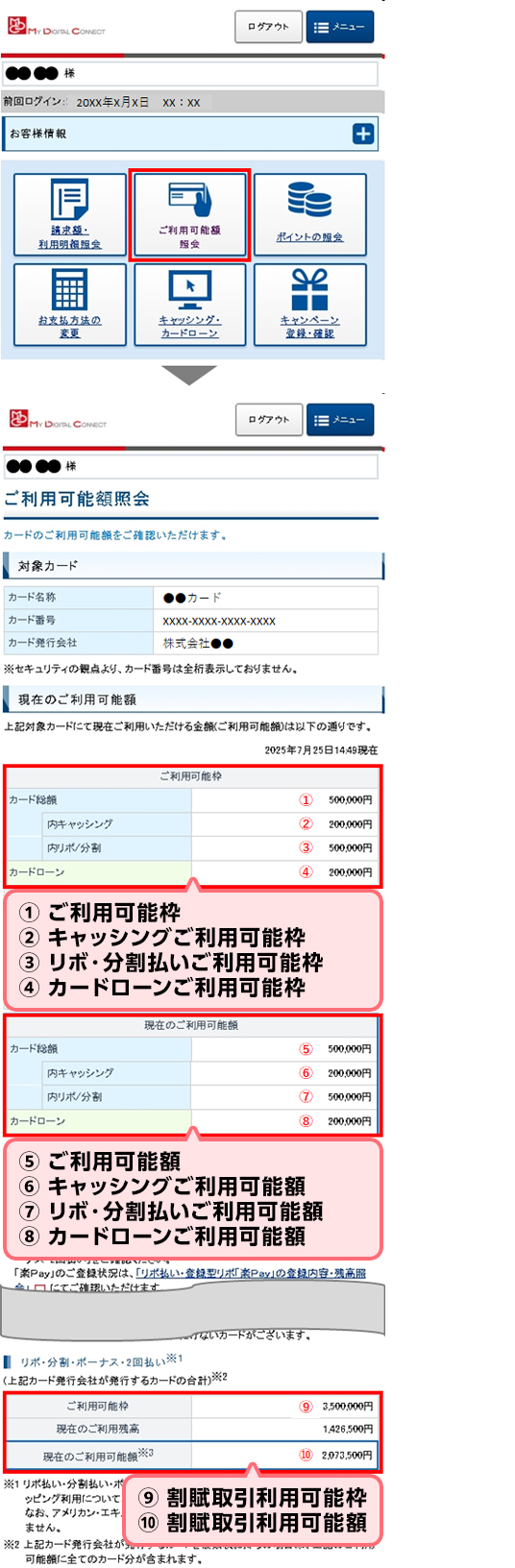 ご利用可能枠・可能額 リボ・分割払いご利用可能枠・可能額 キャッシングご利用可能枠・可能額 カードローンご利用可能枠・可能額