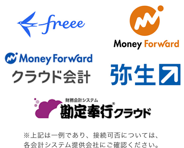 freee ロゴ Money Forward ロゴ Money Forward クラウド会計 ロゴ 弥生 ロゴ 財務会計システム 勘定奉行®クラウド ロゴ ※上記は一例であり、接続可否については、各会計システム提供会社にご確認ください。