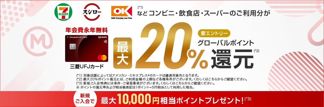 セブン‐イレブン スシロー オーケー(*1)などコンビニ・飲食店・スーパーのご利用分が最大20%グローバルポイント還元(*2) 要エントリー 年会費永年無料 券面 三菱ＵＦＪカード (*1)対象店舗によってはアメリカン・エキスプレス®のカードは優遇対象外となります。 (*2)最大20％ポイント還元には、ご利用金額の上限など各種条件がございます。くわしくはこちらからご確認ください。 (*3)新規ご入会特典には条件・ご留意事項がございます。くわしくはこちらからご確認ください。 ※ポイントの還元率および相当額表記は1ポイント＝5円相当として利用した場合。 新規ご入会で最大10,000円相当ポイントプレゼント！(*3)