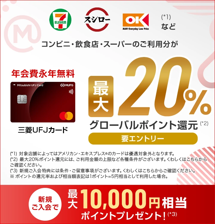 セブン‐イレブン スシロー オーケー(*1)などコンビニ・飲食店・スーパーのご利用分が最大20%グローバルポイント還元(*2) 要エントリー 年会費永年無料 券面 三菱ＵＦＪカード (*1)対象店舗によってはアメリカン・エキスプレス®のカードは優遇対象外となります。 (*2)最大20％ポイント還元には、ご利用金額の上限など各種条件がございます。くわしくはこちらからご確認ください。 (*3)新規ご入会特典には条件・ご留意事項がございます。くわしくはこちらからご確認ください。 ※ポイントの還元率および相当額表記は1ポイント＝5円相当として利用した場合。 新規ご入会で最大10,000円相当ポイントプレゼント！(*3)