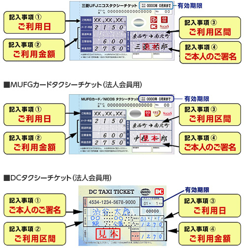 記入事項1：ご利用日。記入事項2：ご利用金額。記入事項3：ご利用区間。記入事項4：ご本人のご署名。 MUFGカードタクシーチケット（法人会員用）記入事項1：ご利用日。記入事項2：ご利用金額。記入事項3：ご利用区間。記入事項4：ご本人のご署名。 DCタクシーチケット（法人会員用）記入事項1：ご本人のご署名。記入事項2：ご利用区間。記入事項3：ご利用日。記入事項4：ご利用金額。