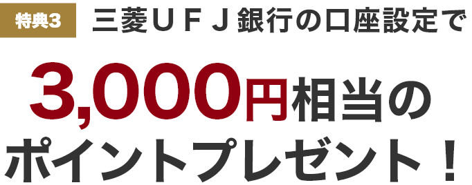 特典3 三菱UFJ銀行の口座設定で3,000円相当のポイントプレゼント!