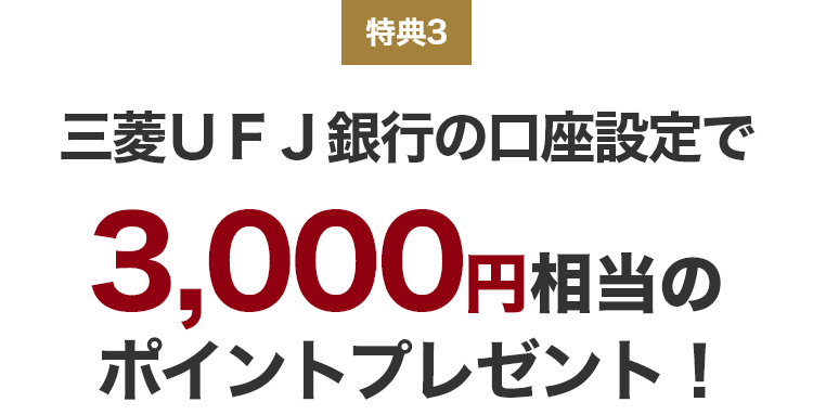 特典3 三菱UFJ銀行の口座設定で3,000円相当のポイントプレゼント!