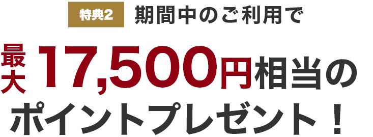 特典2 期間中のご利用で最大17,500円相当のポイントプレゼント!