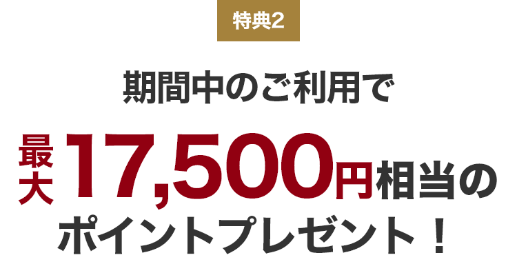 特典2 期間中のご利用で最大17,500円相当のポイントプレゼント!