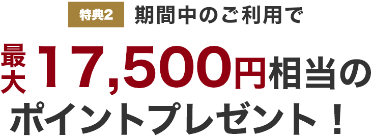 特典2 期間中のご利用で最大17,500円相当のポイントプレゼント!