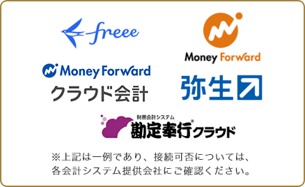 freee ロゴ Money Forward ロゴ Money Forward クラウド会計 ロゴ 弥生 ロゴ 財務会計システム 勘定奉行®クラウド ロゴ ※上記は一例であり、接続可否については、各会計システム提供会社にご確認ください。