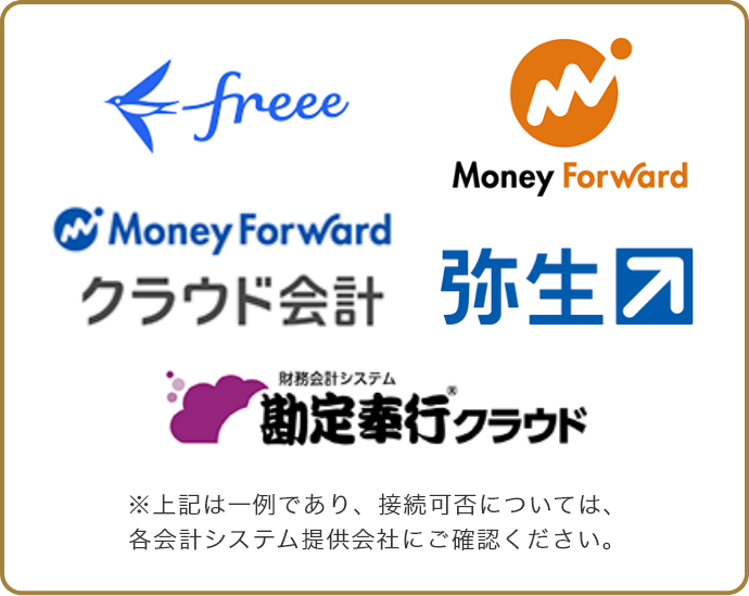freee ロゴ Money Forward ロゴ Money Forward クラウド会計 ロゴ 弥生 ロゴ 財務会計システム 勘定奉行®クラウド ロゴ ※上記は一例であり、接続可否については、各会計システム提供会社にご確認ください。