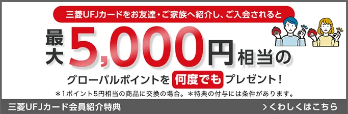 三菱ＵＦＪカードをお友達・ご家族へ紹介し、ご入会されると最大5,000円相当のグローバルポイントを何度でもプレゼント！＊1ポイント5円相当の商品に交換の場合。＊特典の付与には条件があります。三菱ＵＦＪカード会員紹介特典 くわしくはこちら