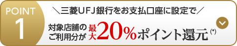 POINT1 三菱ＵＦＪ銀行をお支払口座に設定で対象店舗のご利用分が最大20％ポイント還元（*）