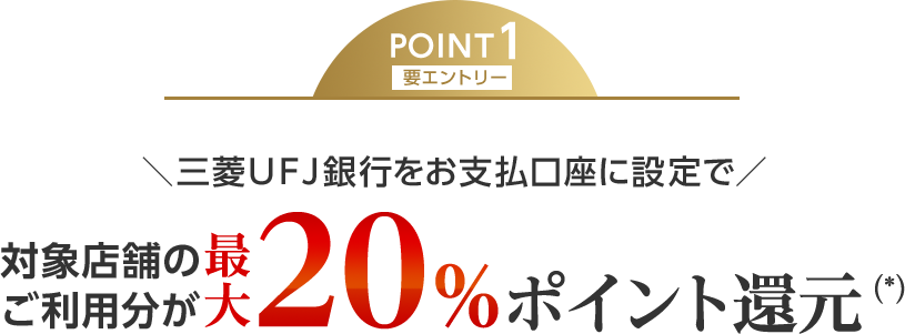 POINT1 要エントリー 三菱ＵＦＪ銀行をお支払口座に設定で対象店舗のご利用分が最大20％ポイント還元（*）