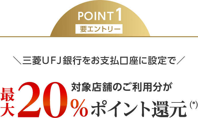 POINT1 要エントリー 三菱ＵＦＪ銀行をお支払口座に設定で対象店舗のご利用分が最大20％ポイント還元（*）