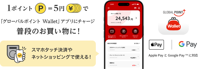 1ポイント＝5円で「グローバルポイント Wallet」アプリにチャージ 普段のお買い物に！ スマホタッチ決済やネットショッピングで使える！ グローバルポイント Wallet Apple Pay と Google Pay&trade; に対応