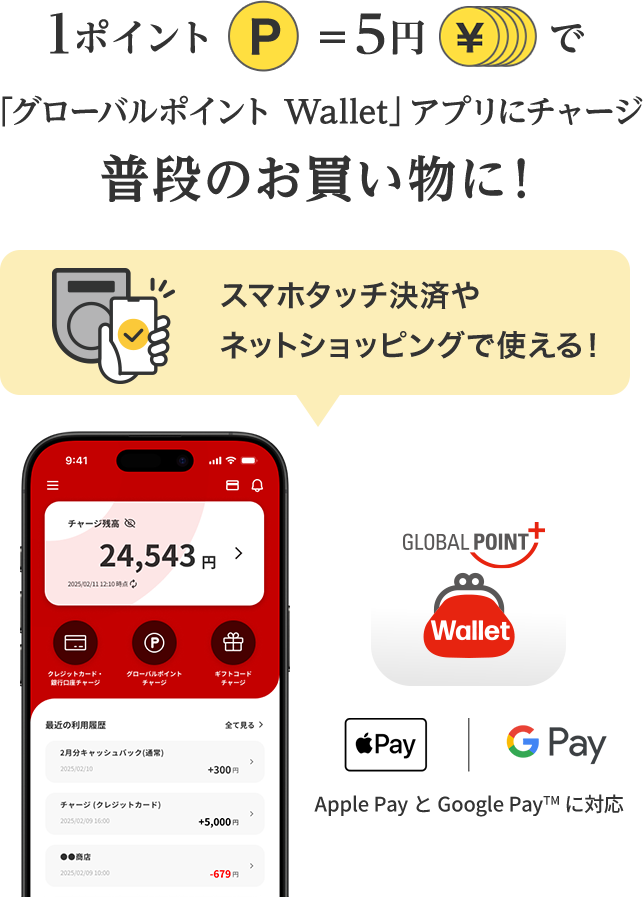 1ポイント＝5円で「グローバルポイント Wallet」アプリにチャージ 普段のお買い物に！ スマホタッチ決済やネットショッピングで使える！ グローバルポイント Wallet Apple Pay と Google Pay&trade; に対応