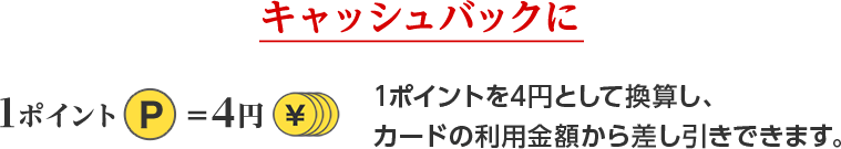キャッシュバックに 1ポイント=4円 1ポイントを4円として換算し、カードの利用金額から差し引きできます。