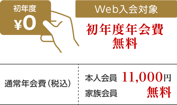 初年度¥0 WEB入会対象 初年度年会費無料 通常年会費（税込）本人会員11,000円 家族会員 無料