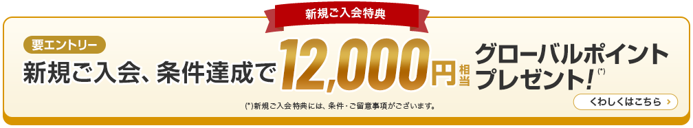 新規ご入会特典 新規ご入会、条件達成で12,000円相当グローバルポイントプレゼント！（*） 要エントリー （*）新規ご入会特典には、条件・ご留意事項がございます。 くわしくはこちら