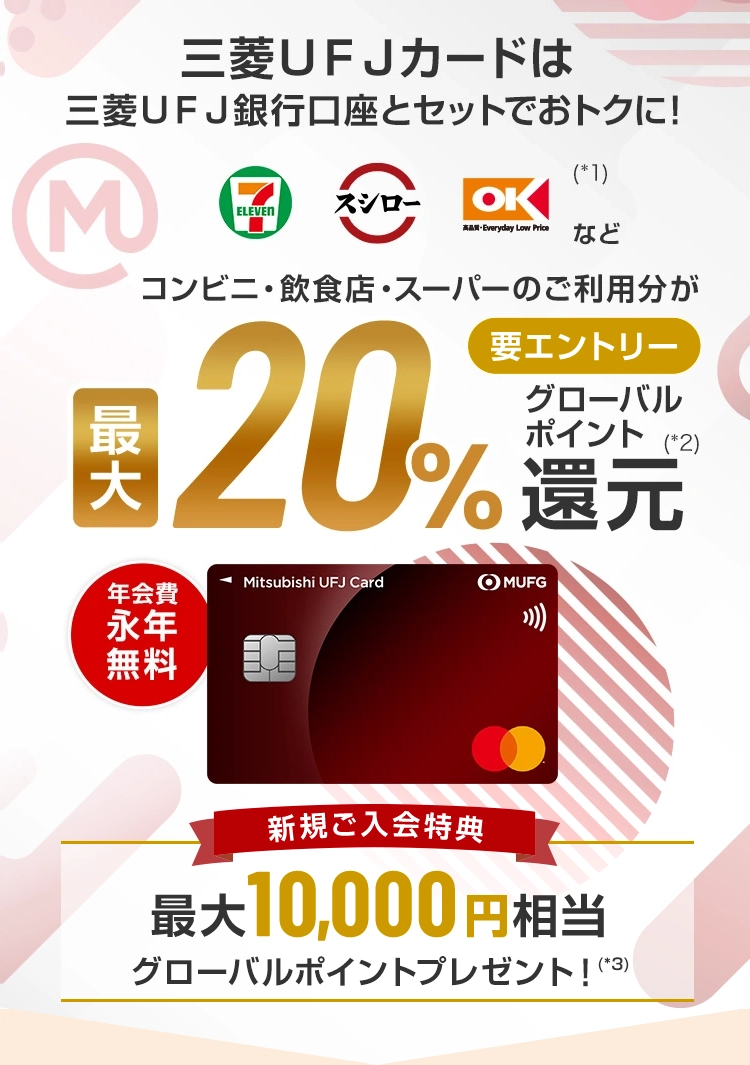 三菱ＵＦＪカードは三菱ＵＦＪ銀行口座とセットでおトクに！セブンイレブン、スシロー、オーケー(*1)などコンビニ・飲食店・スーパーのご利用分が最大20%要エントリーグローバルポイント(*2)還元 年会費永年無料 新規ご入会特典 最大10,000円相当グローバルポイントプレゼント！(*3)