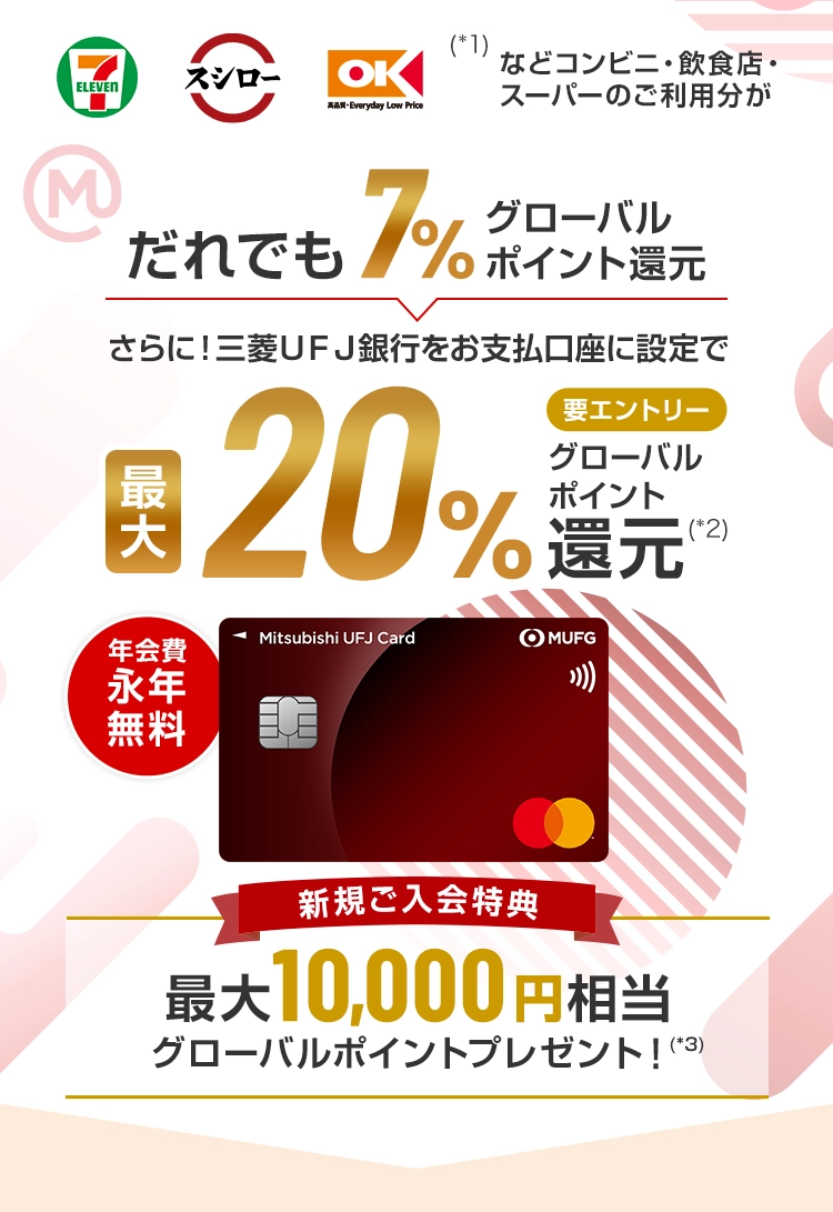 セブンイレブン、スシロー、オーケー(*1)などコンビニ・飲食店・スーパーのご利用分がだれでも7%グローバルポイント還元 さらに！三菱ＵＦＪ銀行をお支払口座に設定で最大20%要エントリーグローバルポイント(*2)還元 年会費永年無料 新規ご入会特典 最大10,000円相当グローバルポイントプレゼント！(*3)