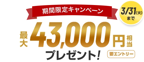 期間限定キャンペーン 3/31（火）まで 最大43,000円相当プレゼント！ 要エントリー