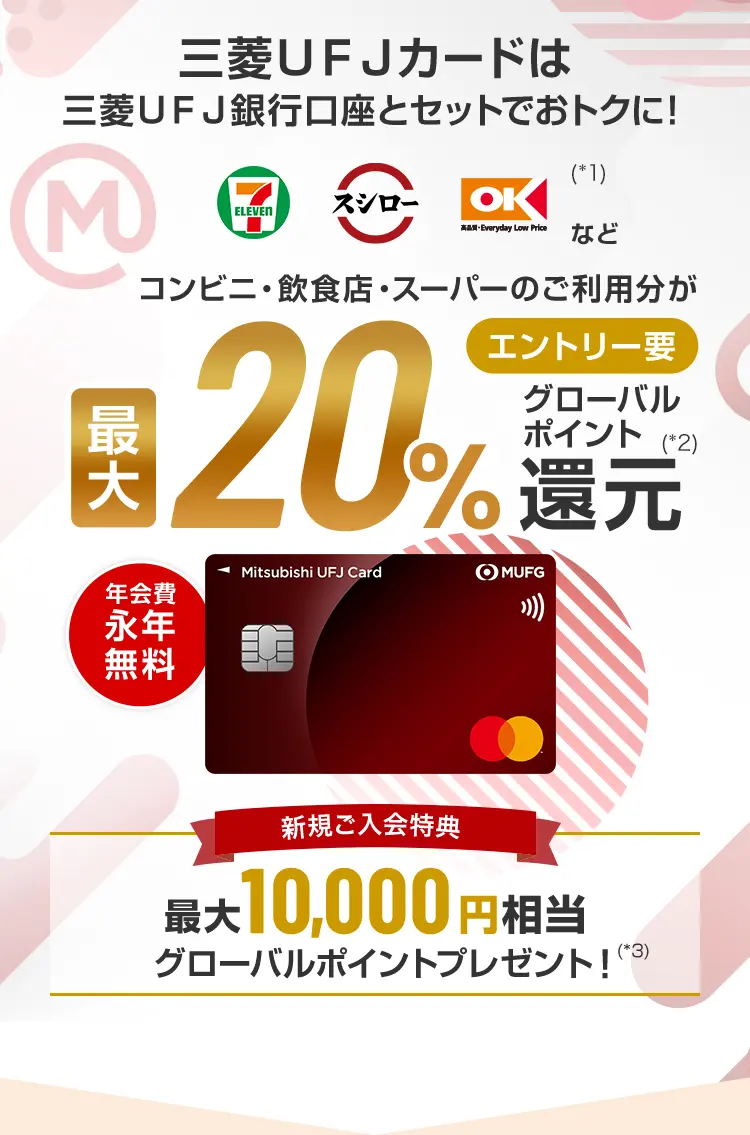 三菱ＵＦＪカードは三菱ＵＦＪ銀行口座とセットでおトクに！ セブン‐イレブン スシロー オーケーなど（*1） コンビニ・飲食店・スーパーのご利用分が エントリー要 最大20%グローバルポイント還元（*2） 新規ご入会特典 最大10,000円相当グローバルポイントプレゼント！（*3） 年会費永年無料
