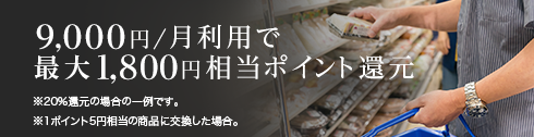 9,000円/月利用で最大1,800円相当ポイント還元※20%還元の場合の一例です。※1ポイント5円相当の商品に交換した場合。