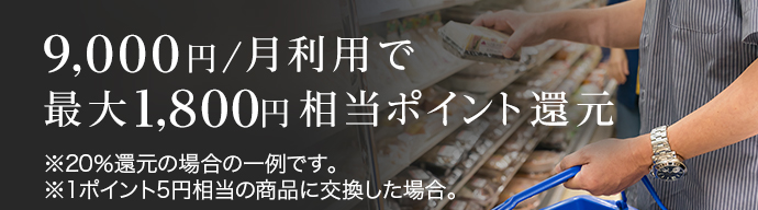 9,000円/月利用で最大1,800円相当ポイント還元※20%還元の場合の一例です。※1ポイント5円相当の商品に交換した場合。