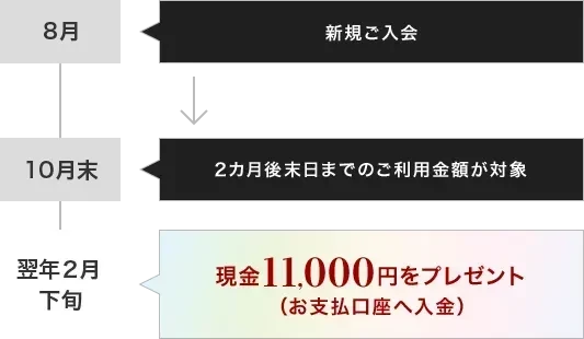 8月 新規ご入会 5万円以上のショッピングご利用 10月末 2カ月後末日までのご利用金額が対象 翌年2月下旬 現金11,000円をプレゼント（お支払口座へ入金）