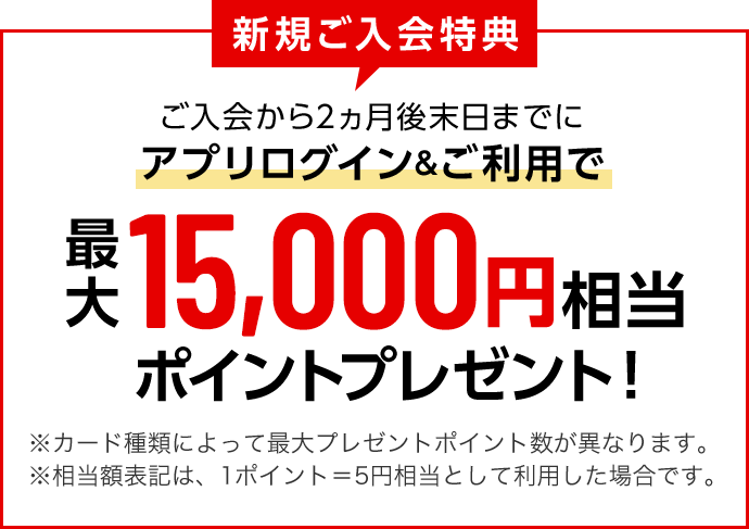 新規ご入会特典 ご入会から2ヵ月後末日までにアプリログイン&ご利用で 最大15,000円相当ポイントプレゼント！ ※カード種類によって最大プレゼントポイント数が異なります。 ※相当額表記は、1ポイント＝5円相当として利用した場合です。