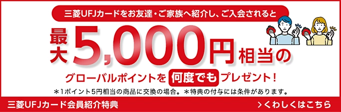 三菱ＵＦＪカードをお友達・ご家族へ紹介し、ご入会されると最大5,000円相当のグローバルポイントを何度でもプレゼント！＊1ポイント5円相当の商品に交換の場合。＊特典の付与には条件があります。三菱ＵＦＪカード会員紹介特典 くわしくはこちら