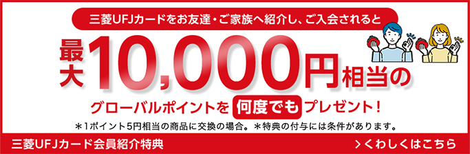 三菱ＵＦＪカードをお友達・ご家族へ紹介し、ご入会されると最大10,000円相当のグローバルポイントを何度でもプレゼント！＊1ポイント5円相当の商品に交換の場合。＊特典の付与には条件があります。三菱ＵＦＪカード会員紹介特典 くわしくはこちら