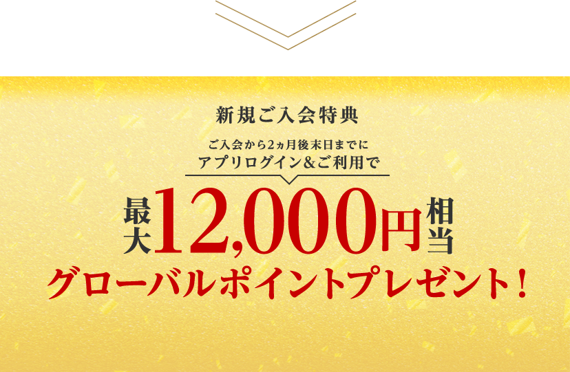 新規ご入会特典 ご入会から2ヵ月後末日までにアプリログイン&ご利用で最大12,000円相当グローバルポイントプレゼント！