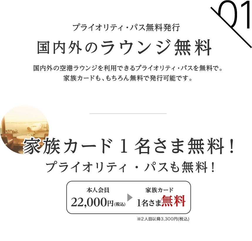 01 プライオリティ・パス無料発行 国内外のラウンジ無料 国内外の空港ラウンジを利用できるプライオリティ・パスを無料で。家族カードも、もちろん無料で発行可能です。 家族カード1名さま無料！ プライオリティ・パスも無料！ 本人会員 22,000円(税込) → 家族カード 1名さま無料 ※2人目以降3,300円(税込)