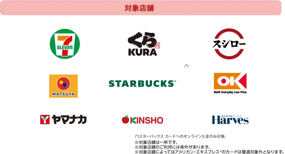 対象店舗ロゴ一覧  (*)スターバックス カードへのオンライン入金のみ対象。 ※対象店舗は一例です。 ※対象店舗のご利用には条件があります。 ※対象店舗によってはアメリカン・エキスプレス&reg;のカードは優遇対象外となります。