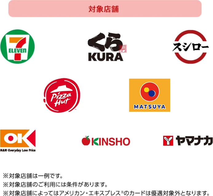 対象店舗[セブン‐イレブン][くら寿司][スシロー][ピザハット][松屋][オーケー][KINSHO][ヤマナカ] ※対象店舗は一例です。 ※対象店舗のご利用には条件があります。 ※対象店舗によってはアメリカン・エキスプレス®のカードは優遇対象外となります