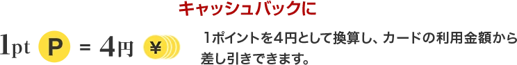 キャッシュバックに 1pt=4円 1ポイントを4円として換算し、カードの利用金額から差し引きできます。